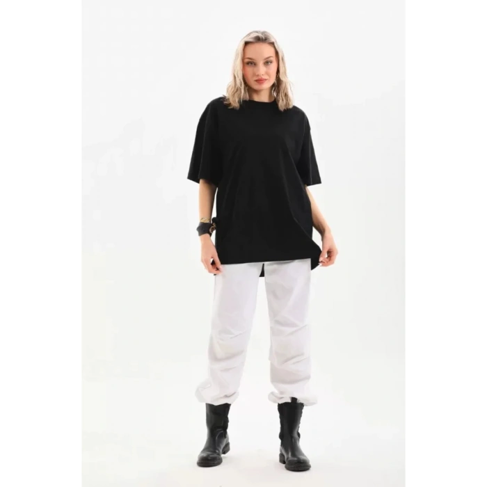 HAZEGO Unisex Bisiklet Yaka 20/1 Düz Oversize T-Shirt - Siyah