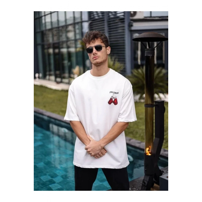 Unisex Bisiklet Yaka Baskılı Oversize T-Shirt - Beyaz