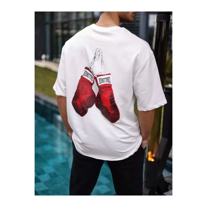 Unisex Bisiklet Yaka Baskılı Oversize T-Shirt - Beyaz