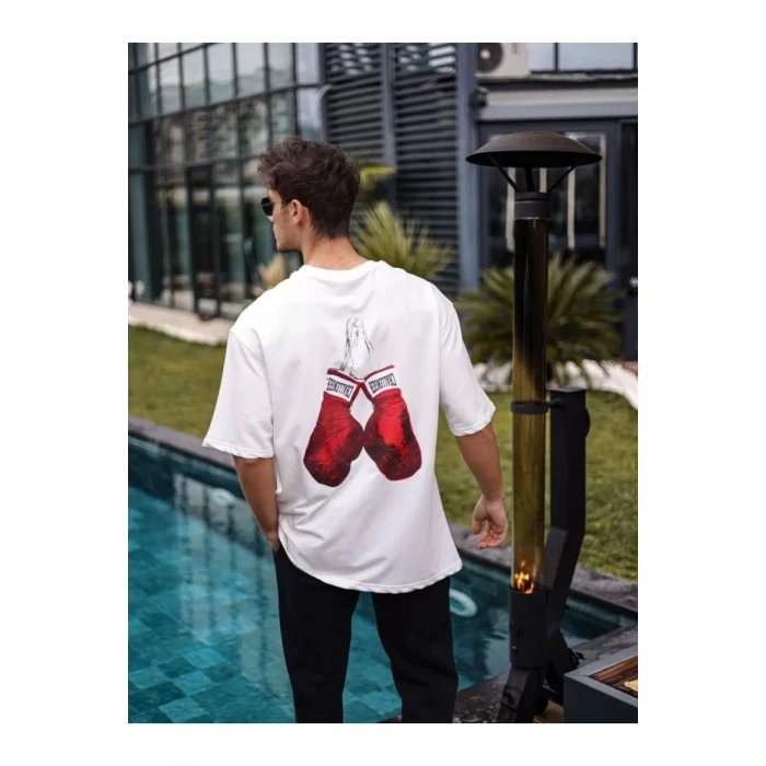 Unisex Bisiklet Yaka Baskılı Oversize T-Shirt - Beyaz