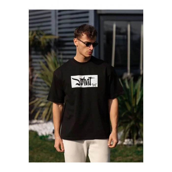 Unisex Bisiklet Yaka Baskılı Oversize T-Shirt - Siyah
