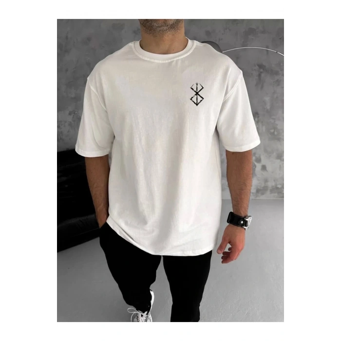 Unisex Bisiklet Yaka Baskılı Oversize T-Shirt - Beyaz
