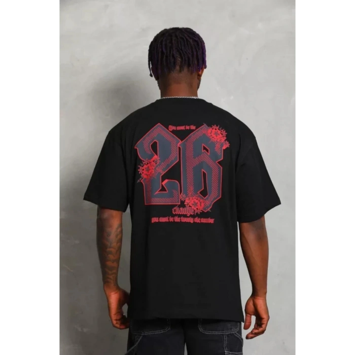 Unisex Oversize Baskılı Bisiklet Yaka T-Shirt - Siyah