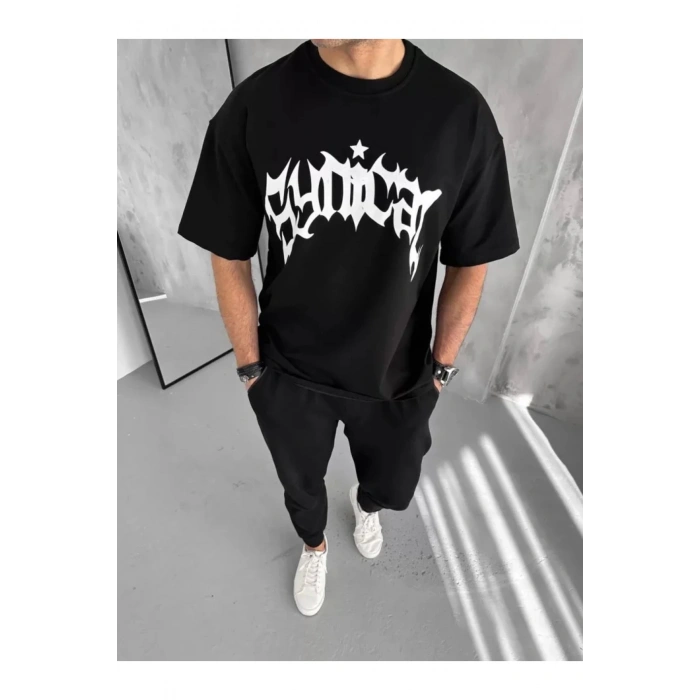 Unisex Bisiklet Yaka Baskılı Oversize T-Shirt - Siyah