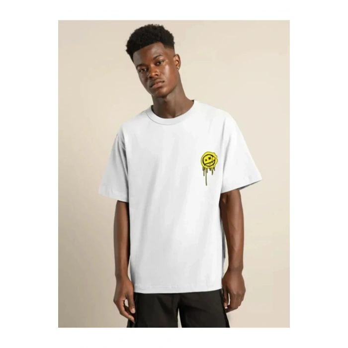 Unisex Bisiklet Yaka Baskılı Oversize T-Shirt - Beyaz