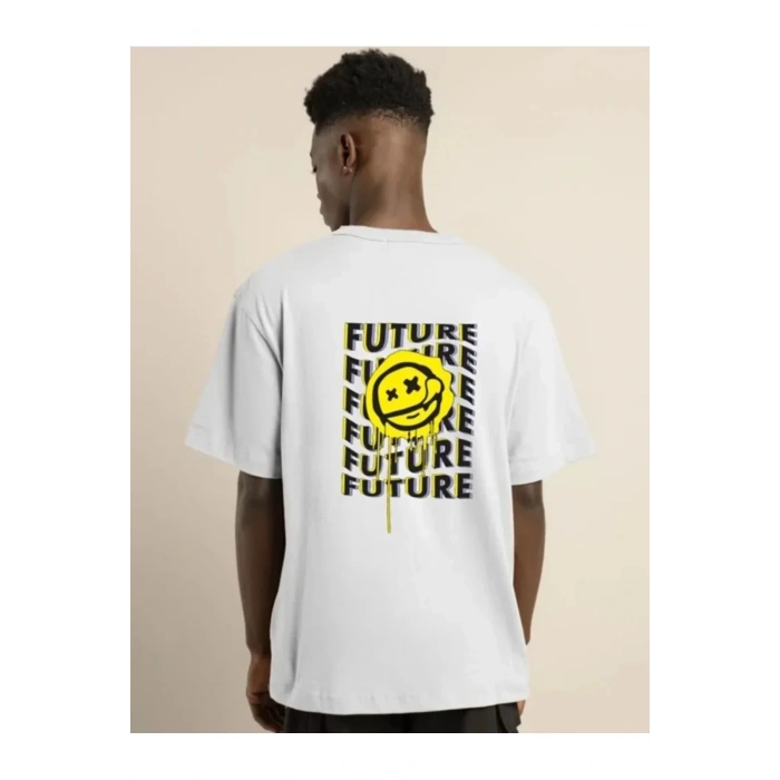 Unisex Bisiklet Yaka Baskılı Oversize T-Shirt - Beyaz