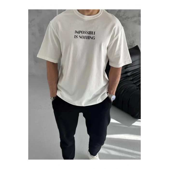 Unisex Bisiklet Yaka Baskılı Oversize T-Shirt - Beyaz