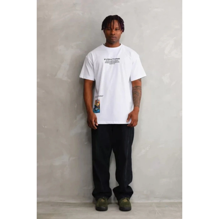 Unisex Bisiklet Yaka Baskılı Oversize T-Shirt - Beyaz