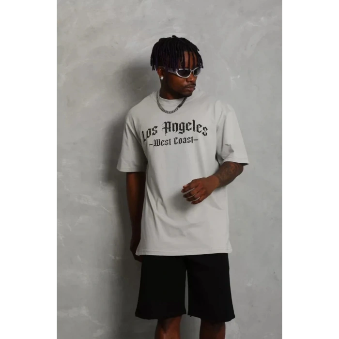 DRGY Unisex Oversize Baskılı Bisiklet Yaka T-Shirt - Gri