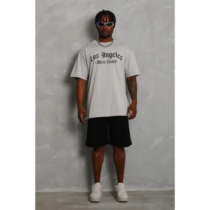 DRGY Unisex Oversize Baskılı Bisiklet Yaka T-Shirt - Gri