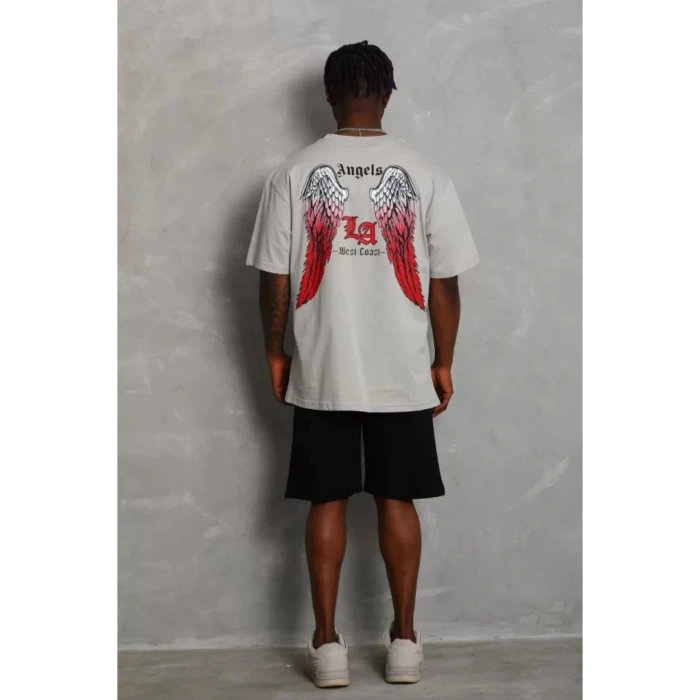 DRGY Unisex Oversize Baskılı Bisiklet Yaka T-Shirt - Gri