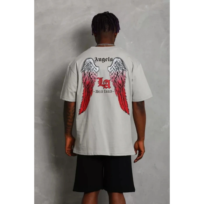 DRGY Unisex Oversize Baskılı Bisiklet Yaka T-Shirt - Gri