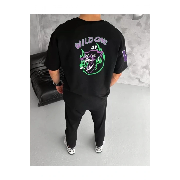 Unisex Bisiklet Yaka Baskılı Oversize T-Shirt - Siyah