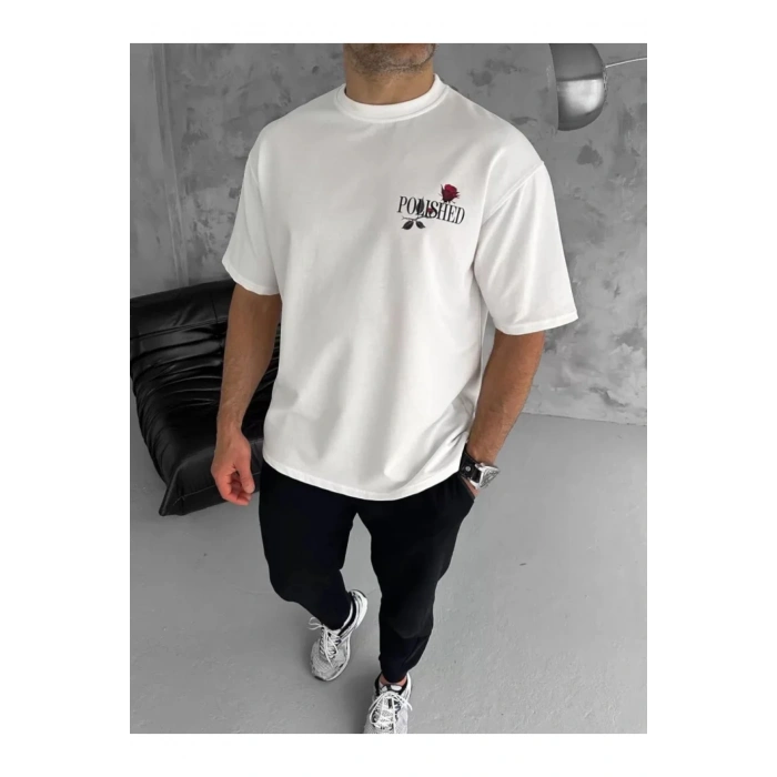Unisex Bisiklet Yaka Baskılı Oversize T-Shirt - Beyaz