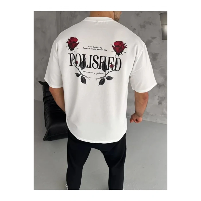 Unisex Bisiklet Yaka Baskılı Oversize T-Shirt - Beyaz