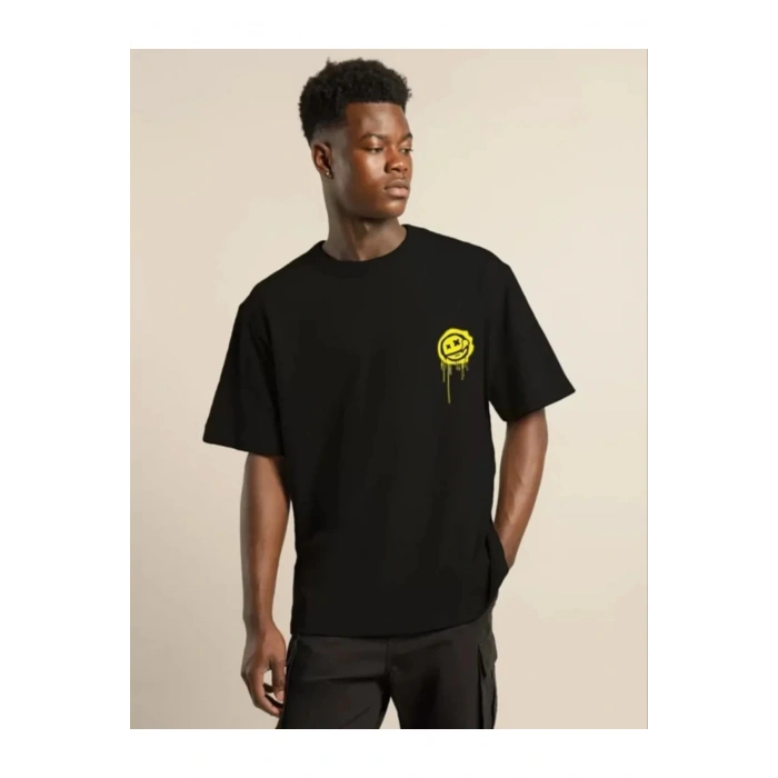 Unisex Bisiklet Yaka Baskılı Oversize T-Shirt - Siyah