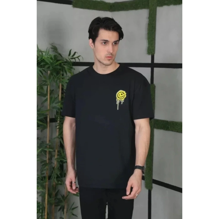 Unisex Bisiklet Yaka Baskılı Oversize T-Shirt - Siyah