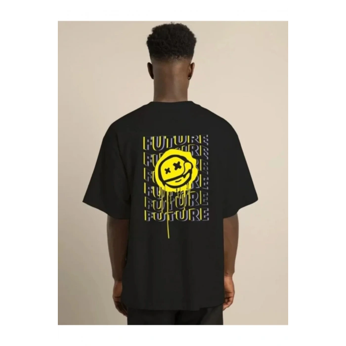Unisex Bisiklet Yaka Baskılı Oversize T-Shirt - Siyah