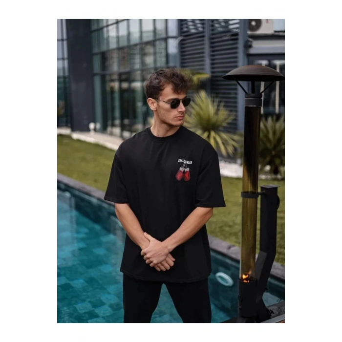 Unisex Bisiklet Yaka Baskılı Oversize T-Shirt - Siyah