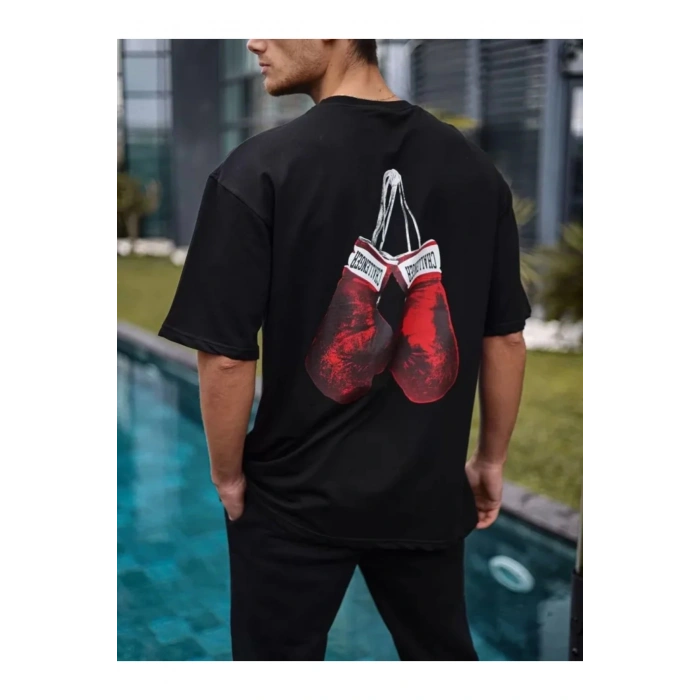 Unisex Bisiklet Yaka Baskılı Oversize T-Shirt - Siyah