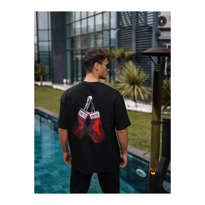 Unisex Bisiklet Yaka Baskılı Oversize T-Shirt - Siyah