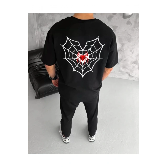 Unisex Bisiklet Yaka Baskılı Oversize T-Shirt - Siyah