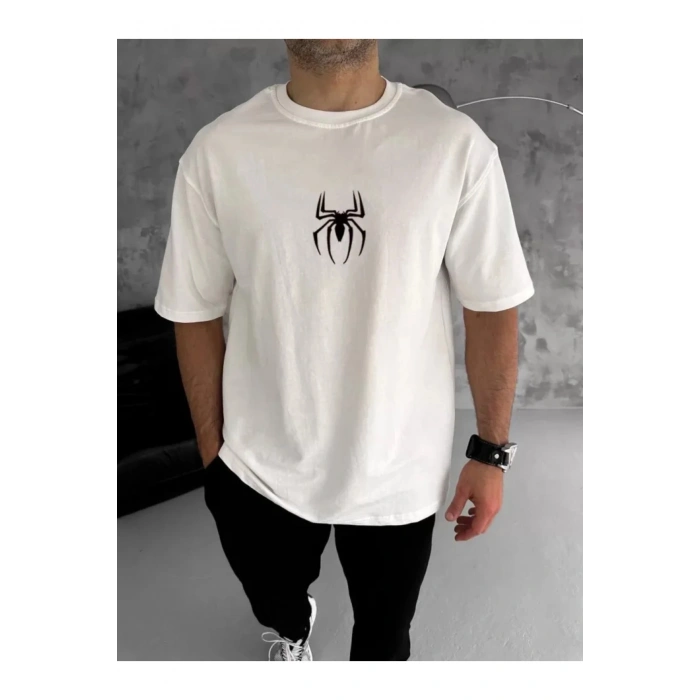 Unisex Bisiklet Yaka Baskılı Oversize T-Shirt - Beyaz
