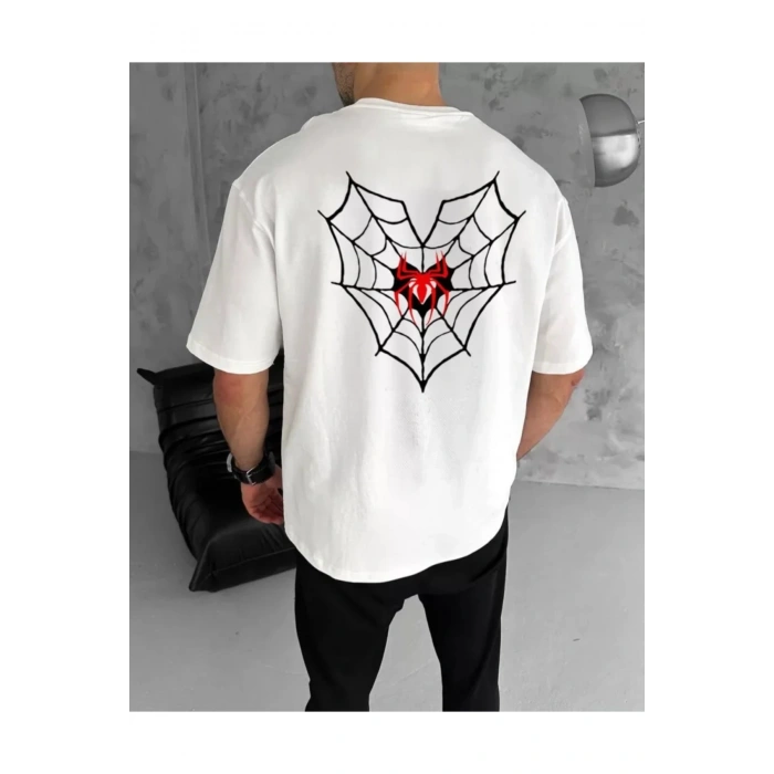 Unisex Bisiklet Yaka Baskılı Oversize T-Shirt - Beyaz