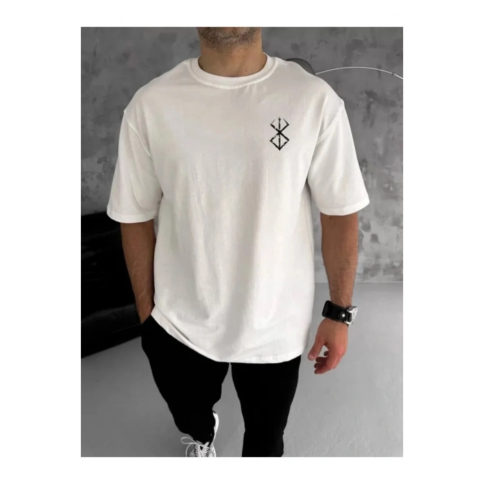 Unisex Bisiklet Yaka Baskılı Oversize T-Shirt - Beyaz
