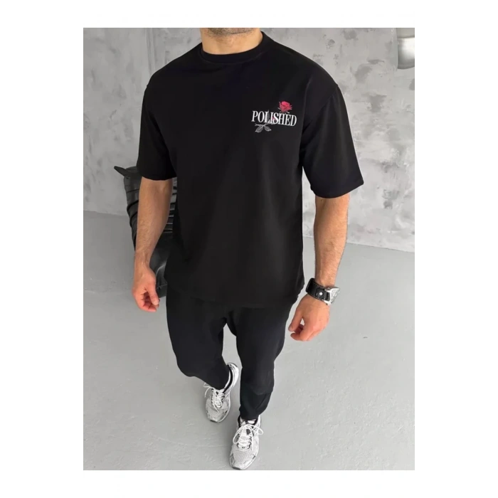 Unisex Bisiklet Yaka Baskılı Oversize T-Shirt - Siyah
