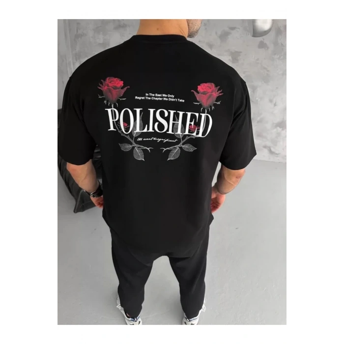 Unisex Bisiklet Yaka Baskılı Oversize T-Shirt - Siyah
