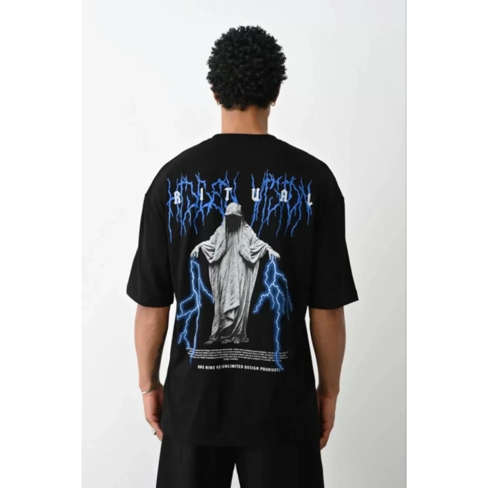 Unisex Baskılı Oversize T-Shirt - Siyah