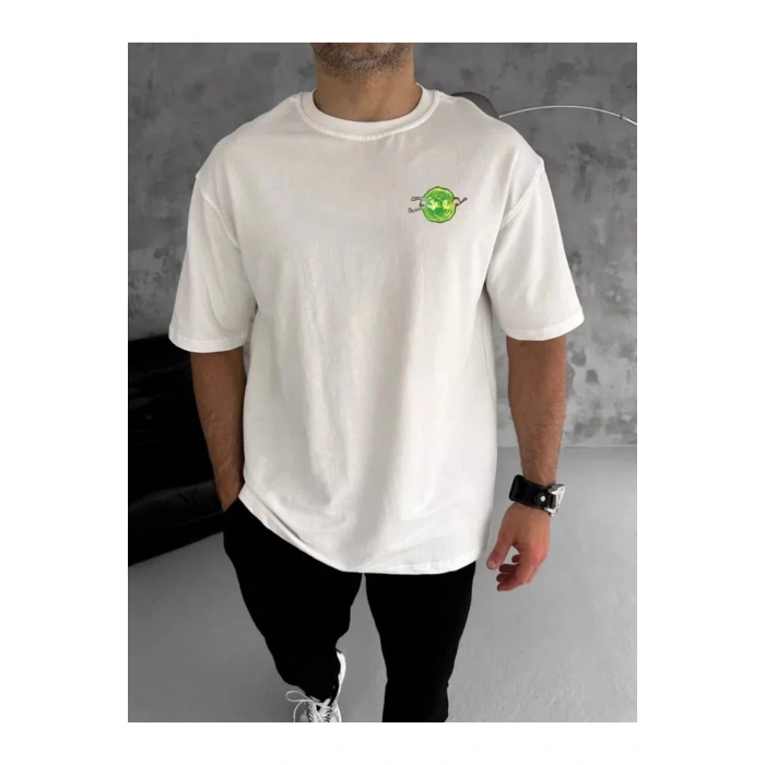 Unisex Bisiklet Yaka Baskılı Oversize T-Shirt - Beyaz
