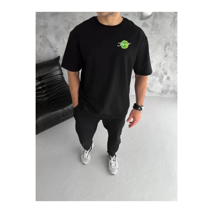 Unisex Bisiklet Yaka Baskılı Oversize T-Shirt - Siyah