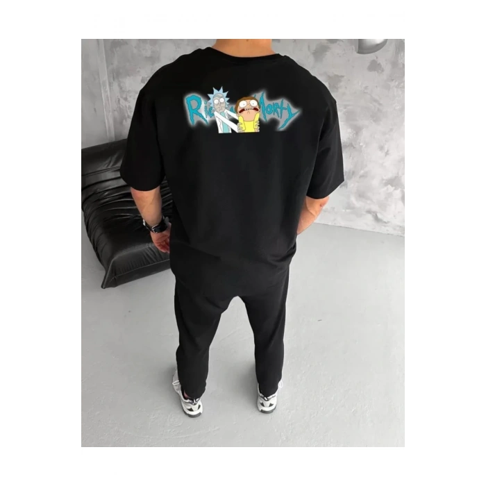 Unisex Bisiklet Yaka Baskılı Oversize T-Shirt - Siyah