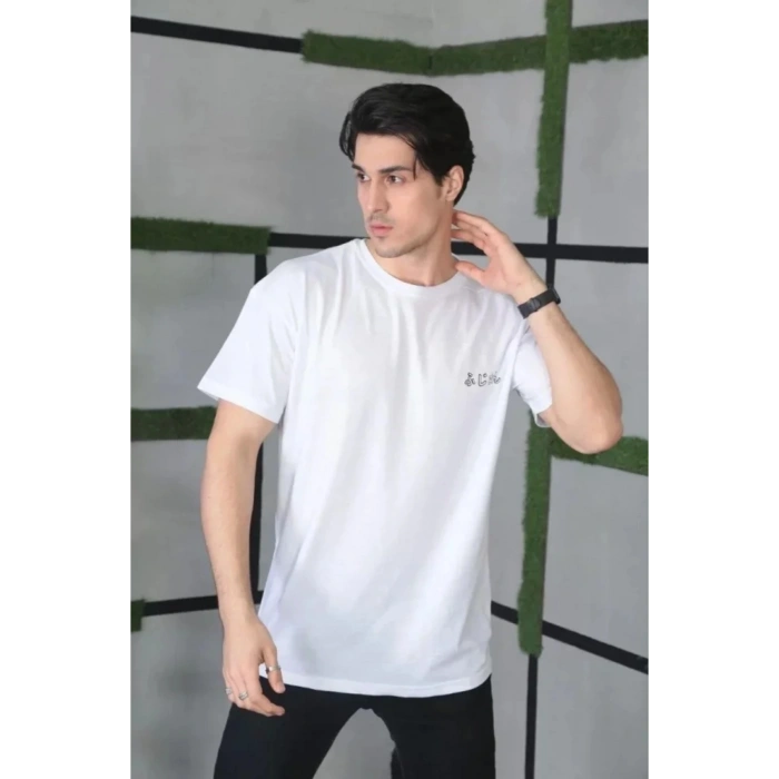 Unisex Bisiklet Yaka Baskılı Oversize T-Shirt - Beyaz