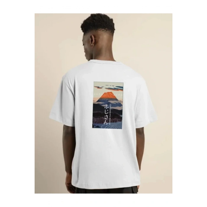 Unisex Bisiklet Yaka Baskılı Oversize T-Shirt - Beyaz