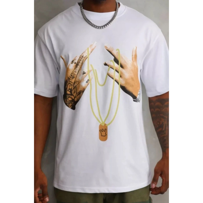 Unisex Baskılı Oversize T-Shirt - Beyaz