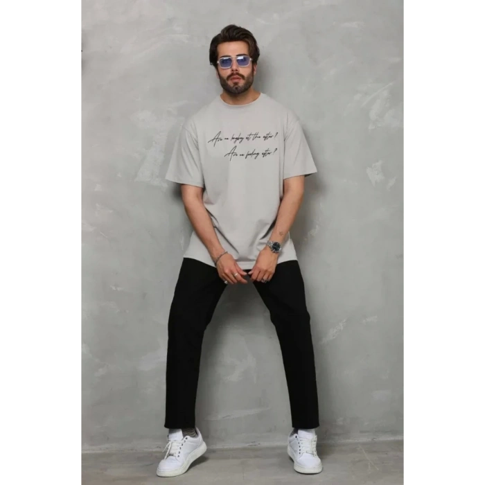 Unisex Bisiklet Yaka Baskılı Oversize T-Shirt - Gri