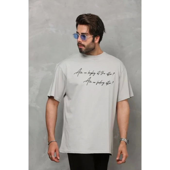 Unisex Bisiklet Yaka Baskılı Oversize T-Shirt - Gri