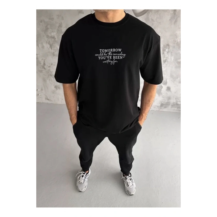Unisex Bisiklet Yaka Baskılı Oversize T-Shirt - Siyah