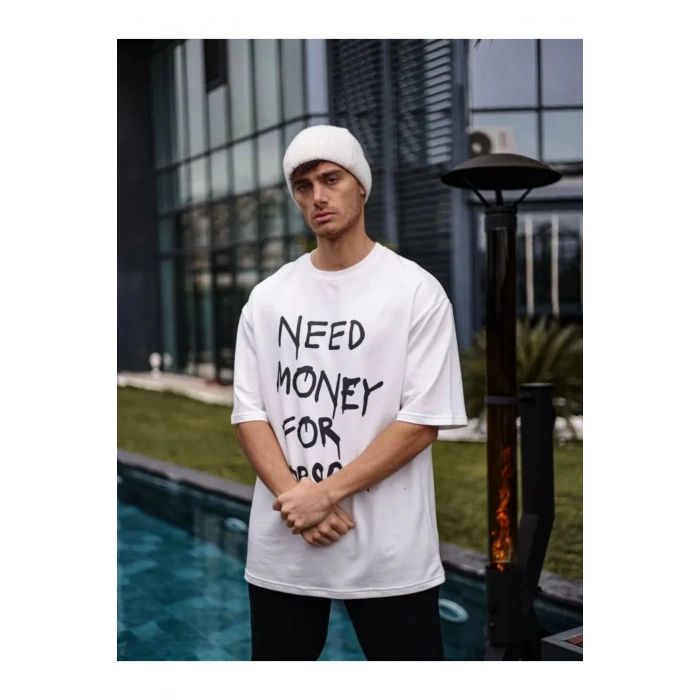NİDAM BUTİK Unisex Bisiklet Yaka Baskılı Oversize T-Shirt - Beyaz