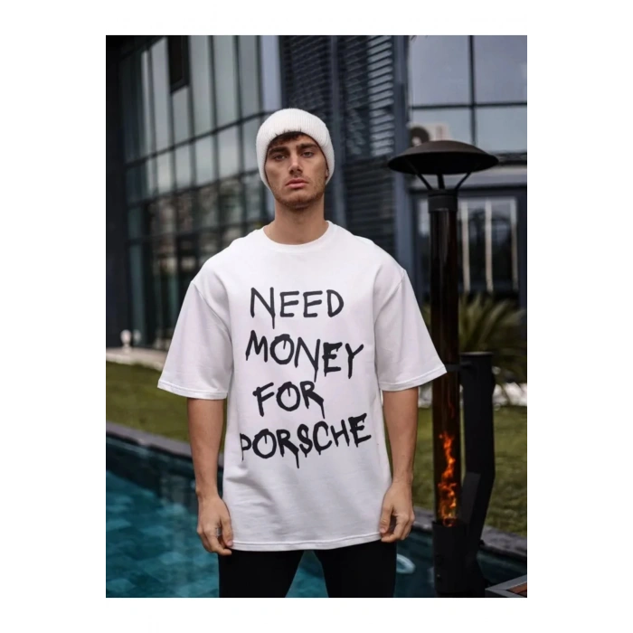 NİDAM BUTİK Unisex Bisiklet Yaka Baskılı Oversize T-Shirt - Beyaz