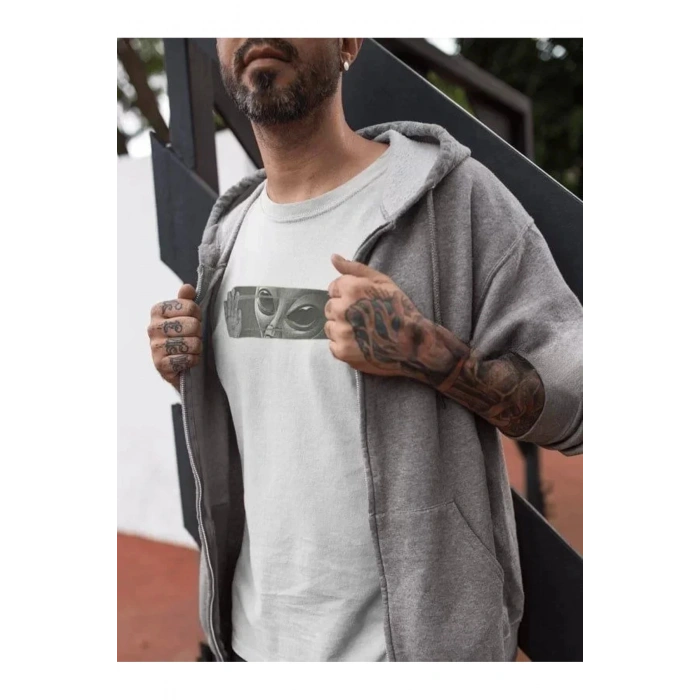 Unisex Bisiklet Yaka Baskılı Oversize T-Shirt - Beyaz