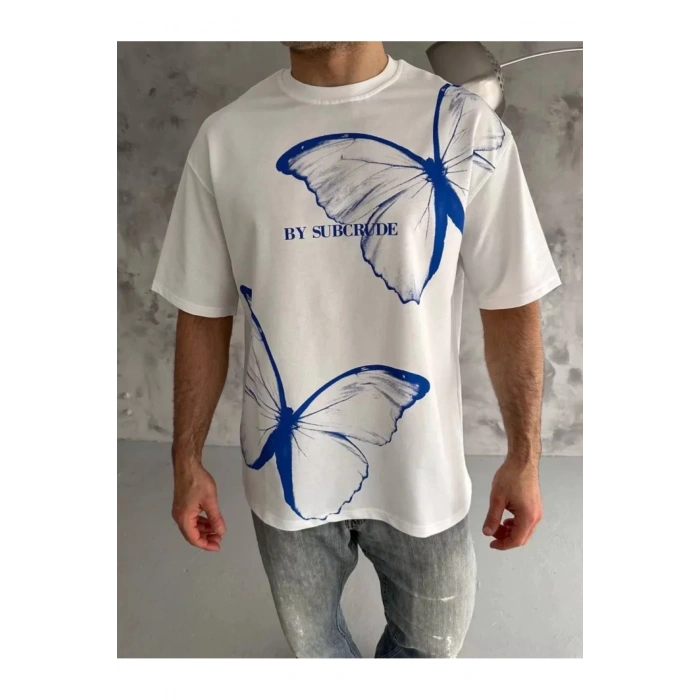Unisex Bisiklet Yaka Baskılı Oversize T-Shirt - Beyaz