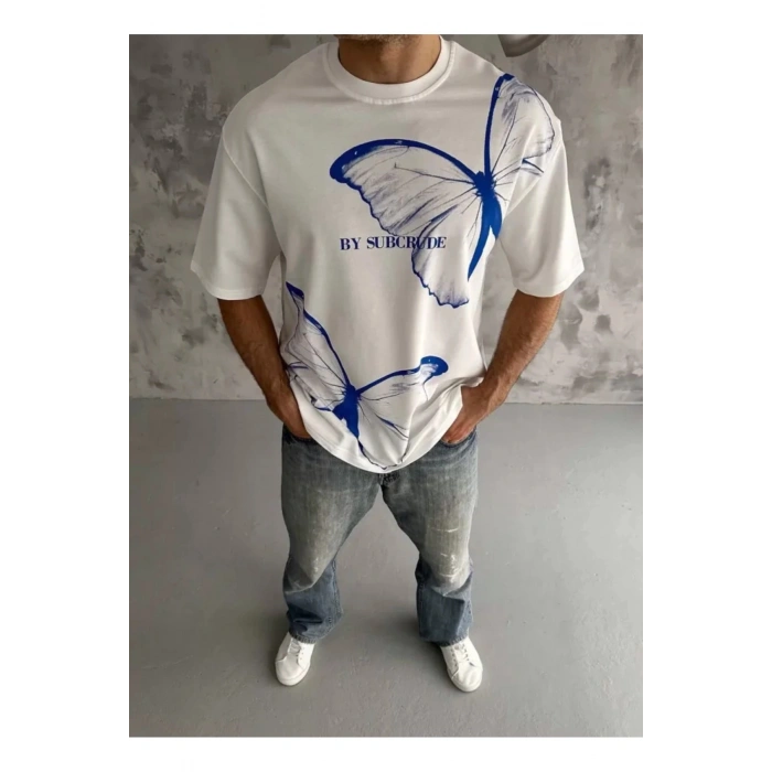 Unisex Bisiklet Yaka Baskılı Oversize T-Shirt - Beyaz