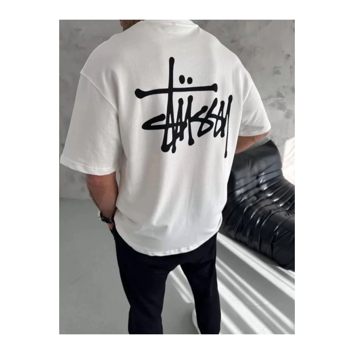 Unisex Bisiklet Yaka Baskılı Oversize T-Shirt - Beyaz