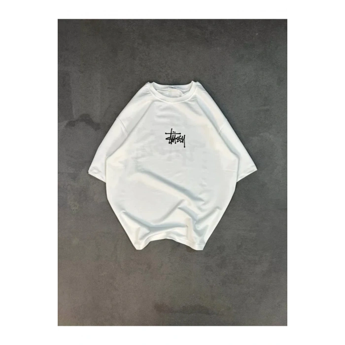 Unisex Bisiklet Yaka Baskılı Oversize T-Shirt - Beyaz