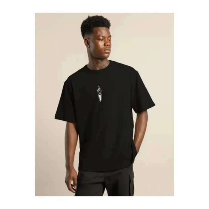 Unisex Bisiklet Yaka Baskılı Oversize T-Shirt - Siyah