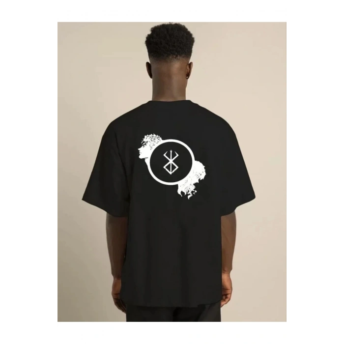 Unisex Bisiklet Yaka Baskılı Oversize T-Shirt - Siyah